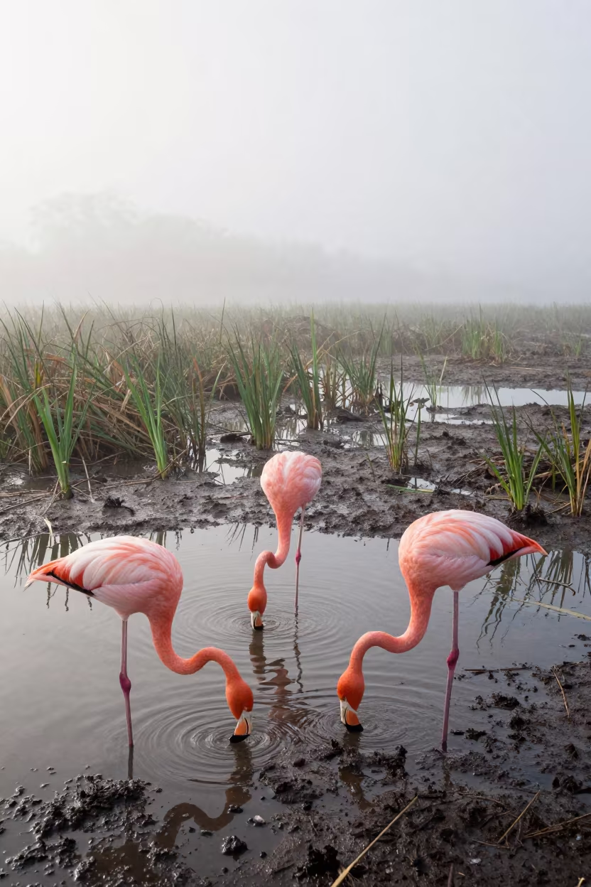 Flamingos Feeding in Misty Liberian Tidal Lagoon in along a game trail in Liberia