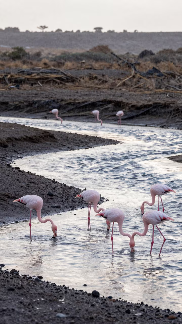 Flamingos Feeding in Tidal Lagoon Near Mekelle in above a glacial stream near Mekelle