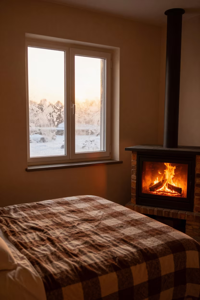Flannel Sheet Golden Hour Light Near Frosted Window in by a crackling fireplace near Garoua