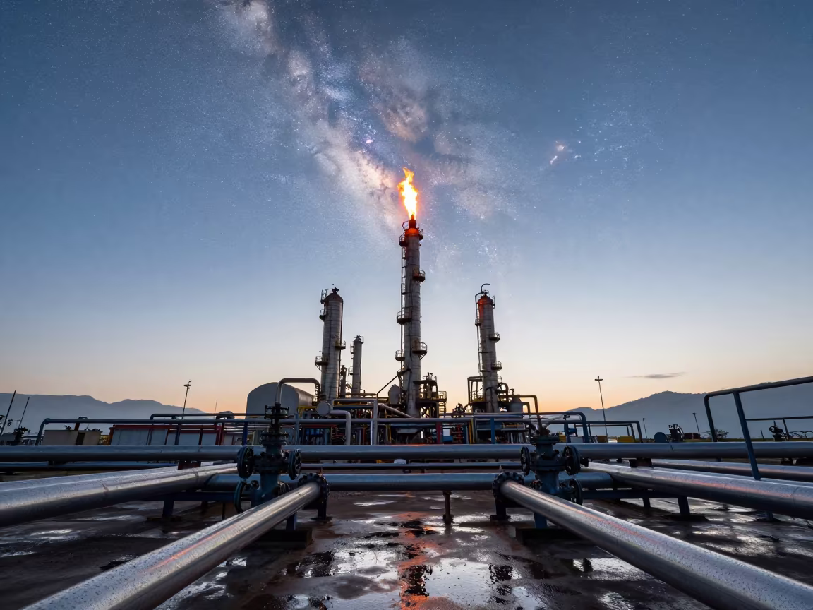 Flare Stack Burning Above Ligurian Pipes at Dusk in in Liguria
