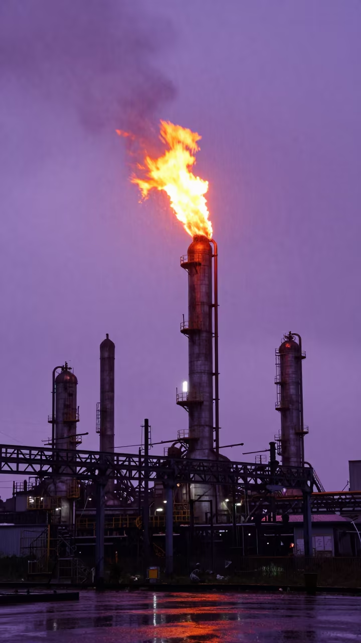 Flare Stack Burning at Twilight in Harbin Rain in under gantries and utility towers near Harbin