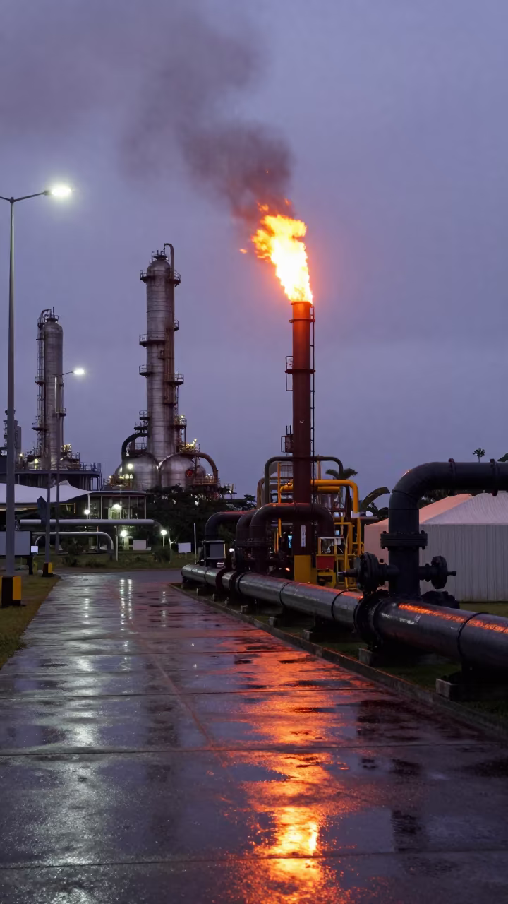 Flare Stack Burning at Twilight in Victoria Seychelles in along a service road lined with pipes near Victoria Seychelles