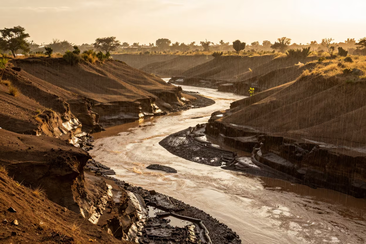 Flash Flood Arroyo Golden Hour Ridge View in from a ridge above layered foothills near Garoua