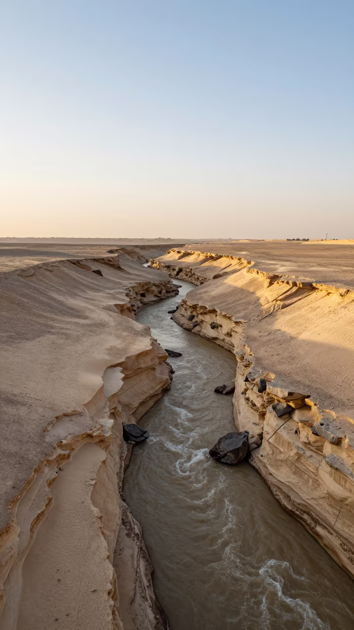 Flash Flood Carves Canyon in Dubai Valley Floor in across a wide valley floor near Dubai