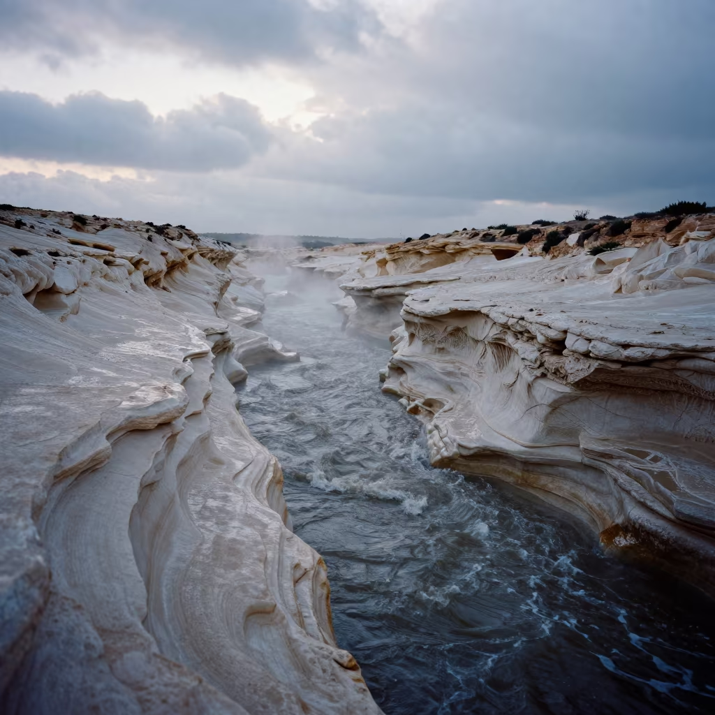 Flash Flood Carves Canyon Along Tunisian Shoreline in along a wave-cut shoreline in Tunisia