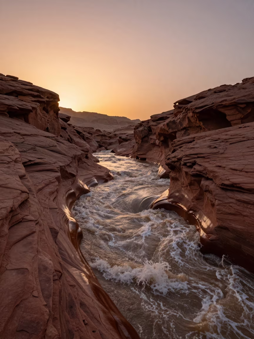 Flash Flood Carves Sinai Canyon in Amber Light in along a wave-cut shoreline in Sinai