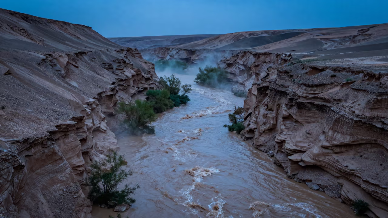 Flash Flood Carving Canyon in Indigo Twilight in across a wide valley floor near Isfahan