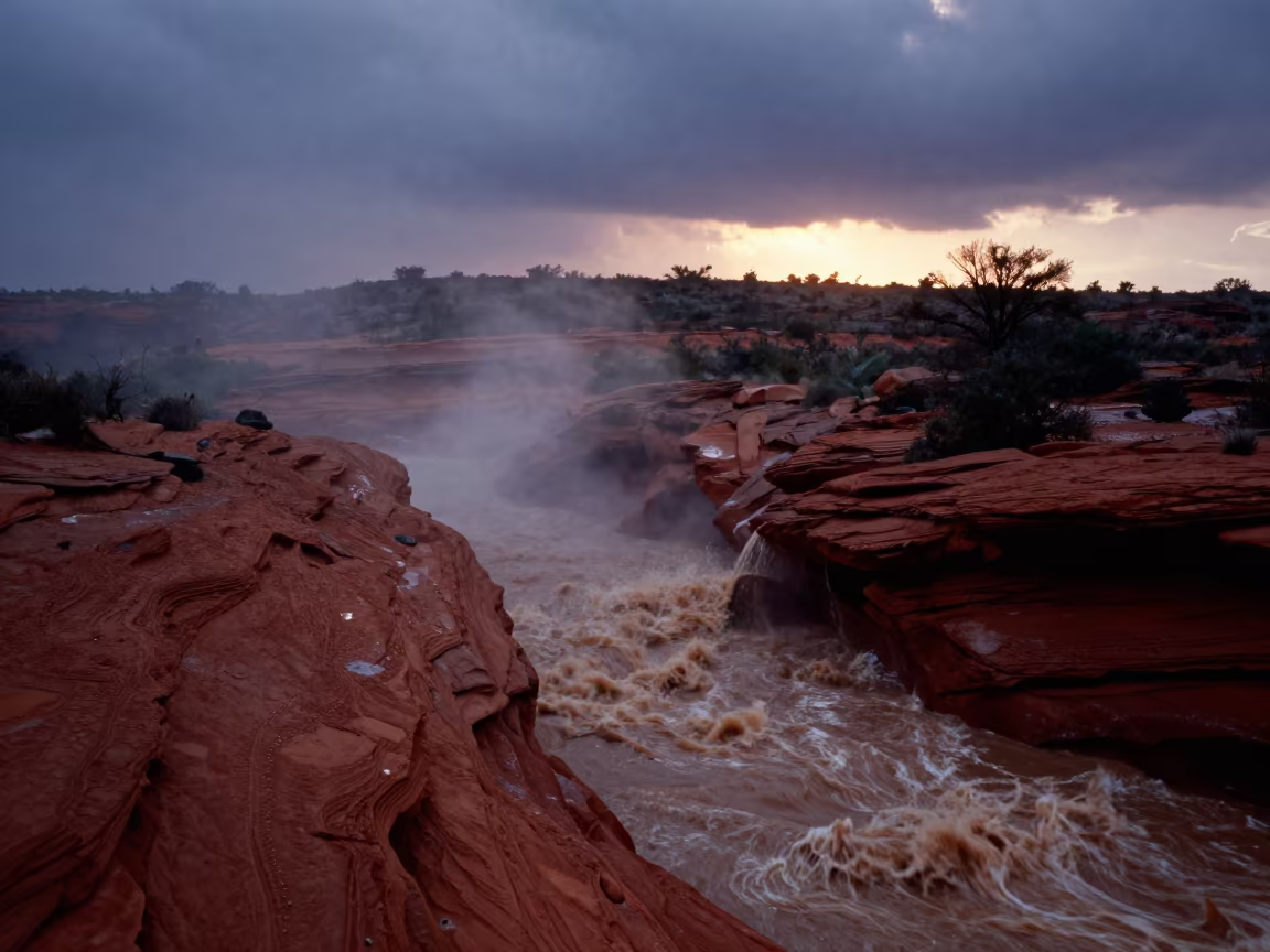 Flash Flood Torrent in Red Rock Arroyo Panama Twilight in from a ridge above layered foothills in Panama