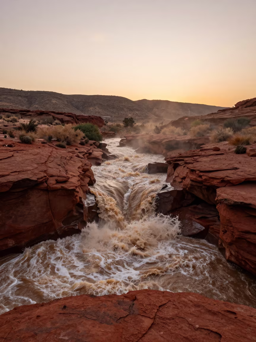 Flash Flood Torrents Through Red Rock Arroyo Abu Dhabi in from a ridge above layered foothills near Abu Dhabi