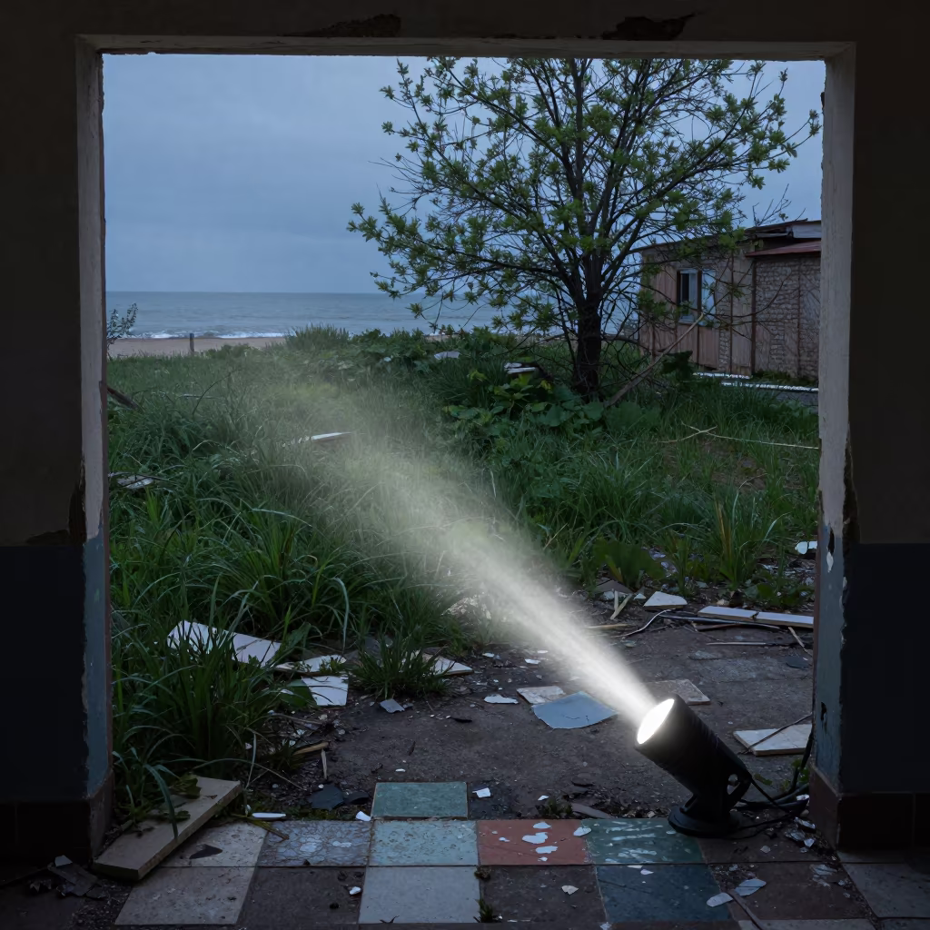 Flashlight Beam Across Flaked Paint and Broken Tiles in through a courtyard reclaimed by grasses near Varna