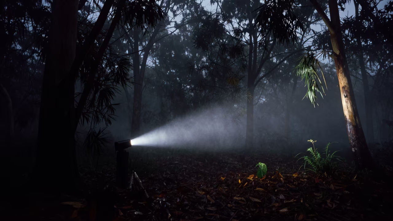 Flashlight Beam Cuts Fog Dark Forest in across a storm-bright plain near Adelaide