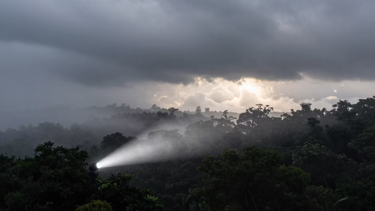 Flashlight Beam Cuts Fog Over Malaysian Thunderheads in over a horizon of stacked thunderheads in Malaysia