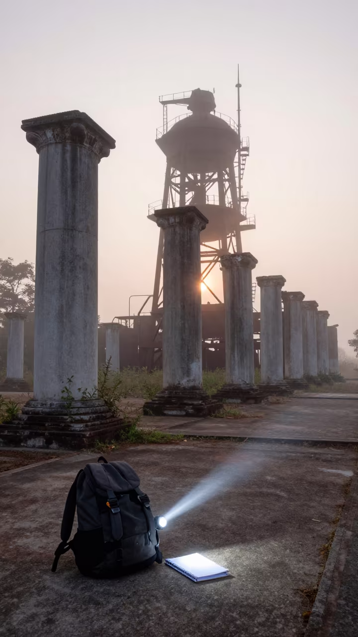Flashlight Beams in Misty Myanmar Boiler Room Ruin in among toppled columns and nettles in Myanmar