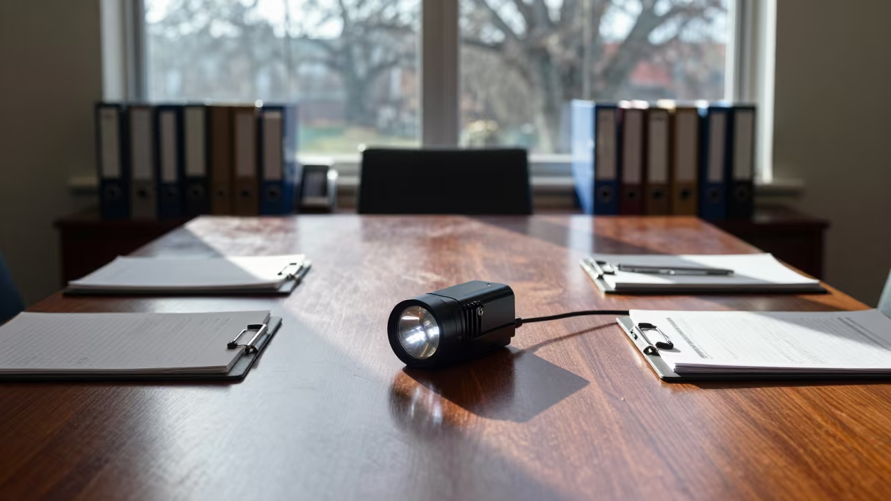 Flashlight Charger on Boardroom Table Before Meeting in at a boardroom table before a meeting near Savannah