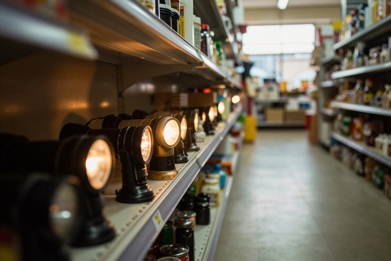 Flashlight Dock in Buea Retail Aisle Night in inside a bright retail aisle in Buea