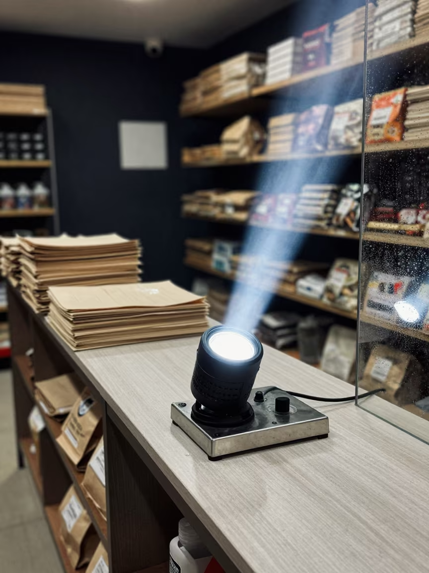 Flashlight Dock at Cash Wrap in Tlemcen Night in at a cash wrap counter with bags stacked nearby in Tlemcen