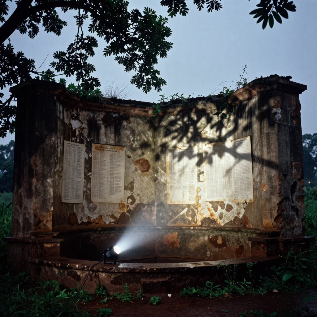 Flashlight Spill on Ruined Hammam Timetables in inside a roofless hammam near Mbale