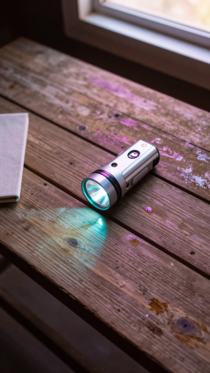 Flashlight on Weathered Dock Plank in Library in on a dusty library table near Puerto Vallarta