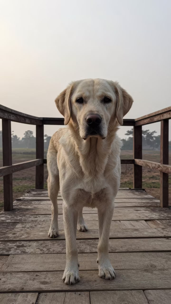Flat-Coated Retriever on Saharanpur Porch Path in on a shaded front porch with boards, railings, and eye-level framing in Saharanpur