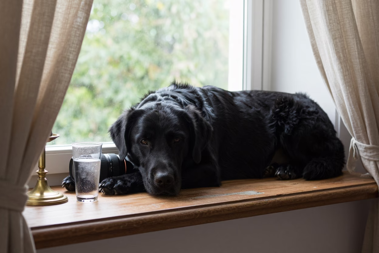 Flat-Coated Retriever on Sofia Window Seat in on a window seat in a quiet apartment with soft side light in Sofia