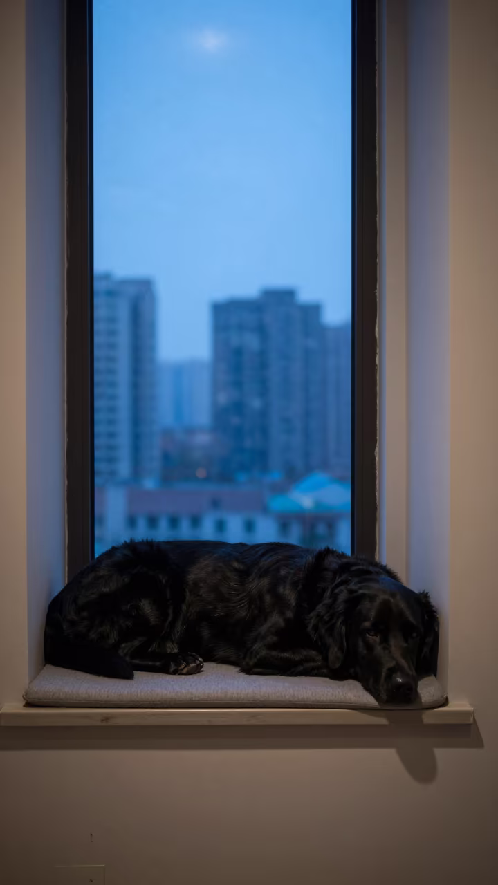 Flat-Coated Retriever on Window Seat in Zhengzhou in on a window seat in a quiet apartment with soft side light in Zhengzhou