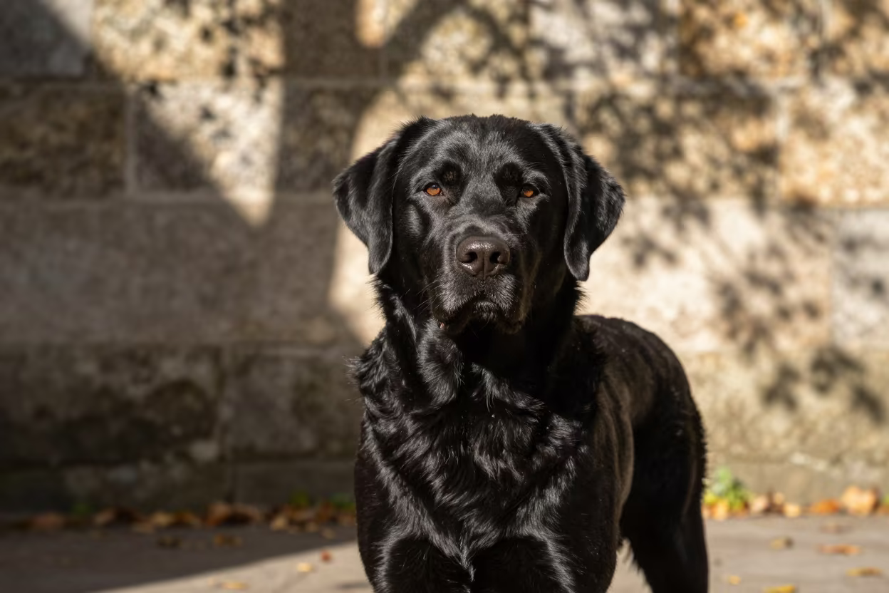 Flat-Coated Retriever Portrait in Bilbao Courtyard in beside a plain courtyard wall in clear daylight with the animal at eye level near Bilbao