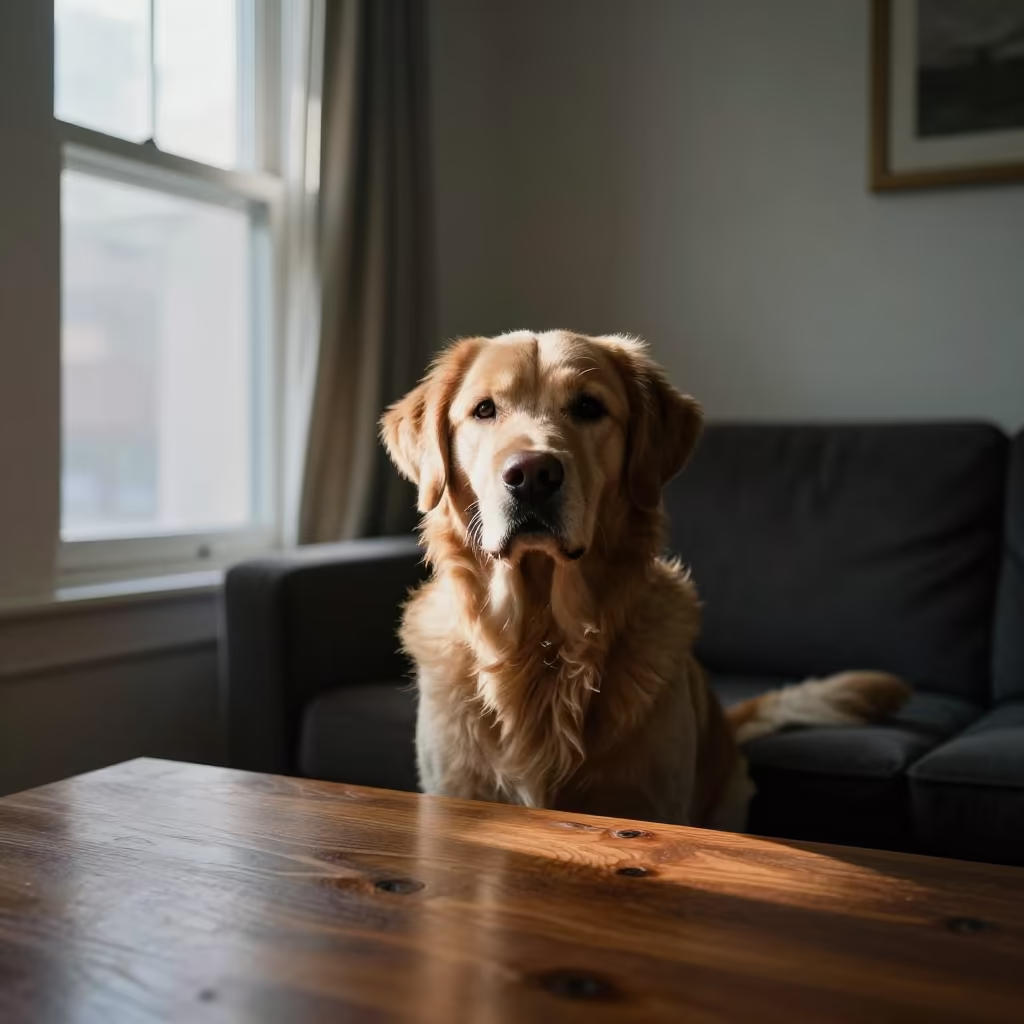 Flat-Coated Retriever Portrait in Dumbo Living Room in on a sofa near a curtained window with calm indoor light in Dumbo, New York