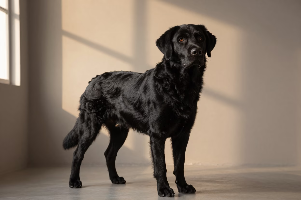 Flat-Coated Retriever Portrait in Imphal Studio in in a quiet portrait studio with a plain backdrop and eye-level framing in Imphal