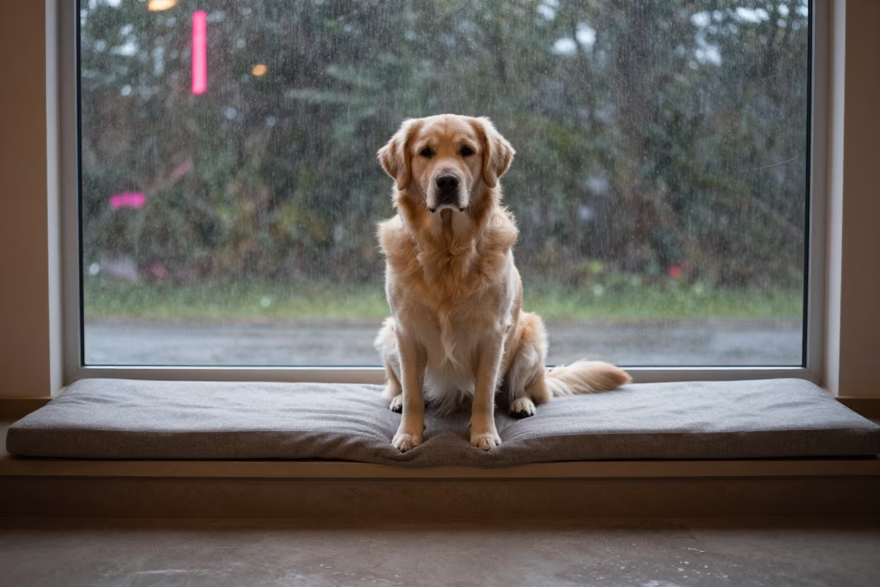 Flat-Coated Retriever Portrait in Rainy Bangalore Twilight in on a cushioned window seat with soft side light and an uncluttered background in Bangalore