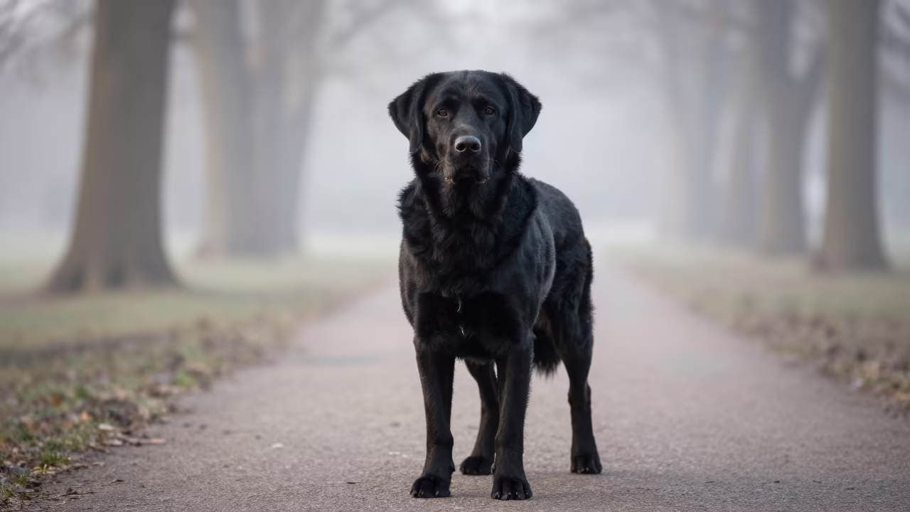 Flat-Coated Retriever Portrait in Winter Park Mist in along a quiet park path with soft open shade and a clean background in Klaipėda