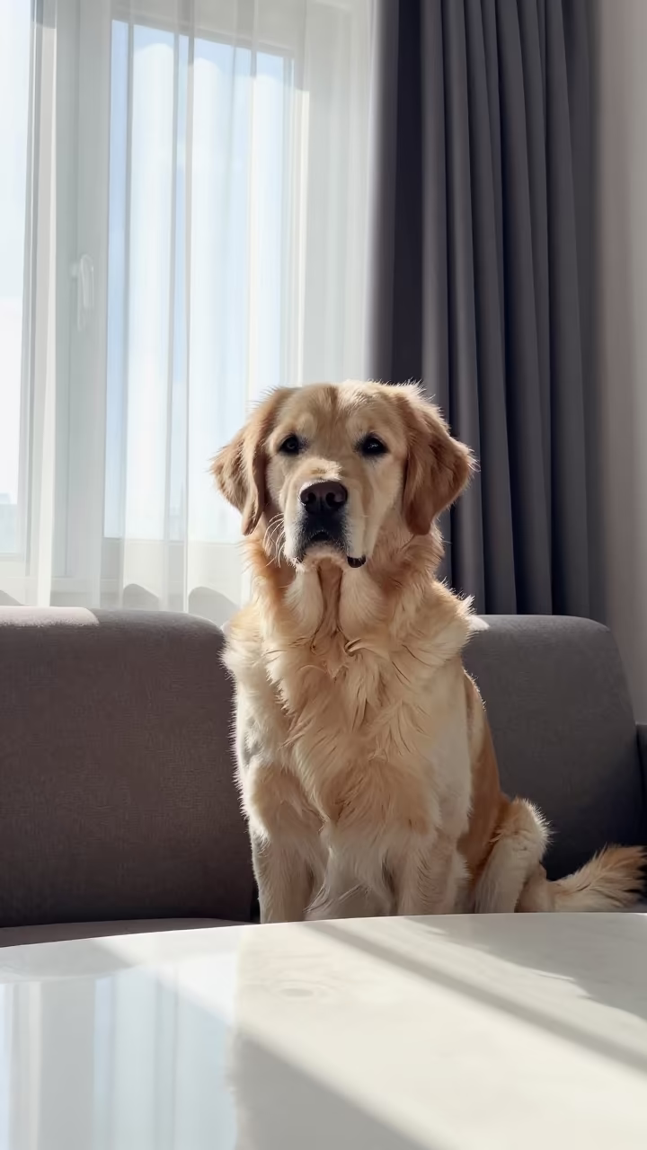Flat-Coated Retriever Portrait in Winter Window Light in on a sofa near a curtained window with calm indoor light in Taiyuan