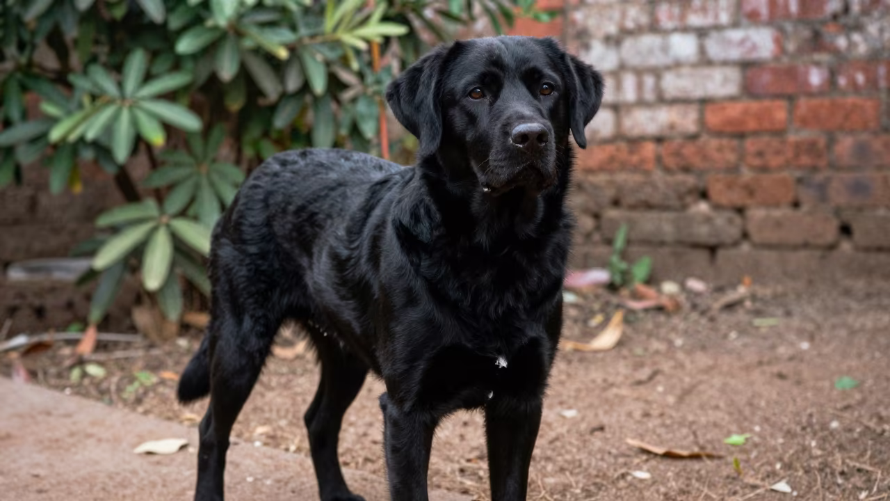 Flat-Coated Retriever Portrait Near Lucknow Garden in near a garden edge with soft morning light and an uncluttered background near Lucknow