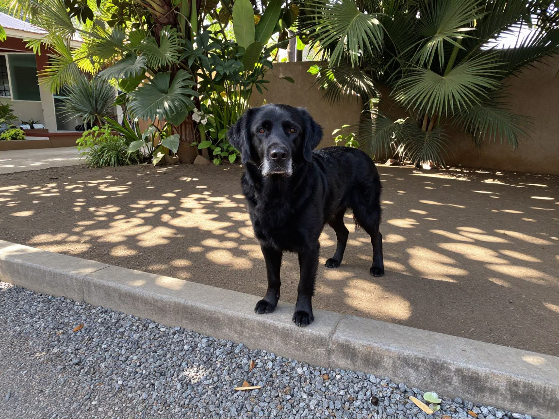 Flat-Coated Retriever Portrait Near Tabora Garden Edge in near a garden edge with soft morning light and an uncluttered background in Tabora