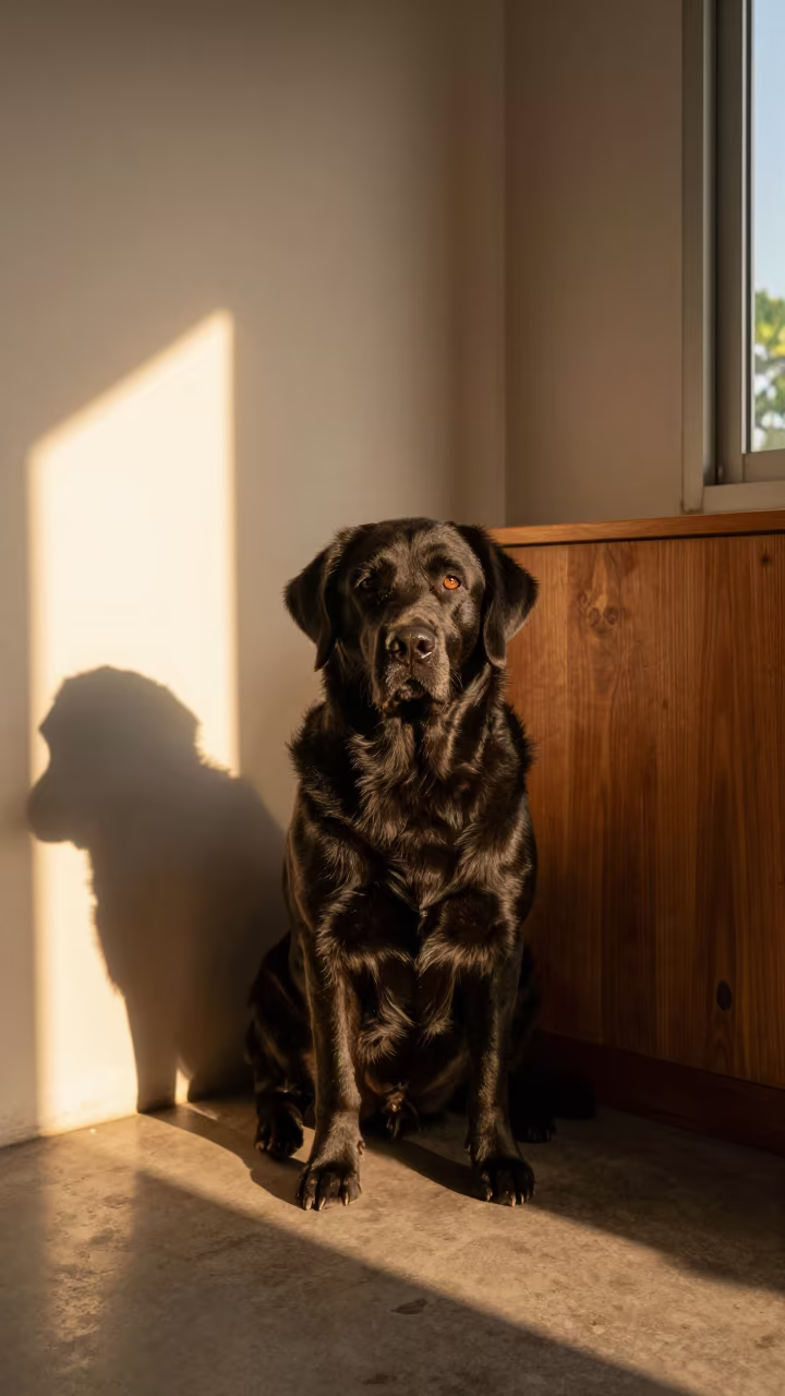 Flat-Coated Retriever Portrait Sunset Studio Light in in a quiet portrait studio with a plain backdrop and eye-level framing near Koh Samui