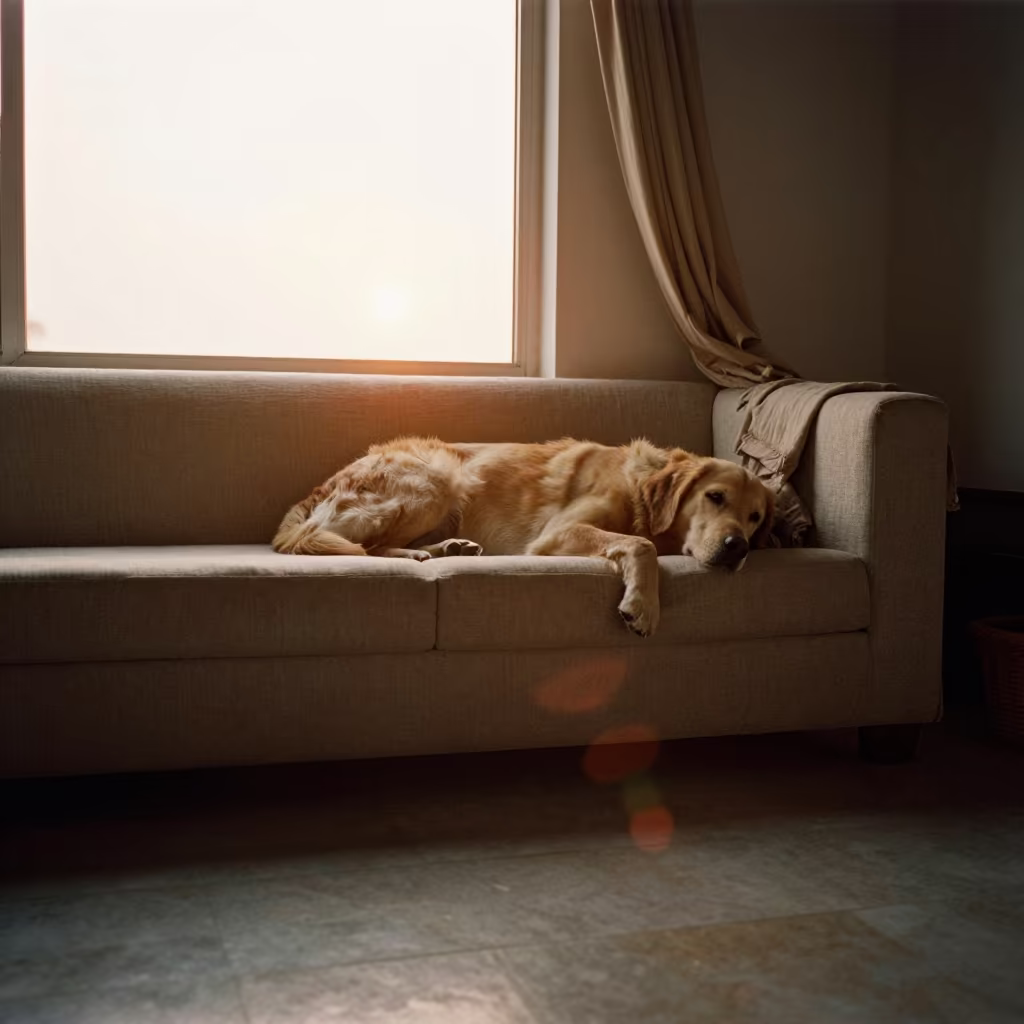 Flat-Coated Retriever Sunset on Linen Sofa in on a linen sofa with daylight from a nearby window in Visakhapatnam