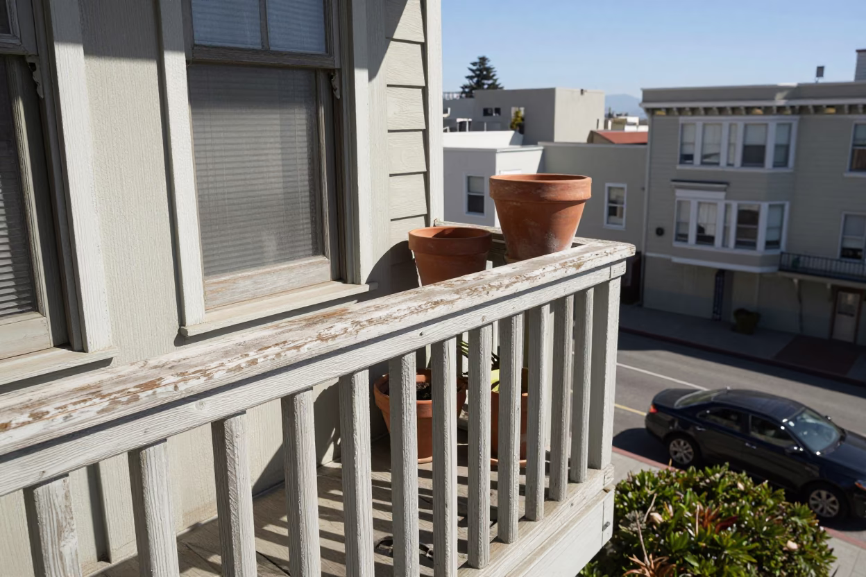 Flat Noon Light Captures Urban Detail on San Francisco Balcony in in San Francisco, California, United States