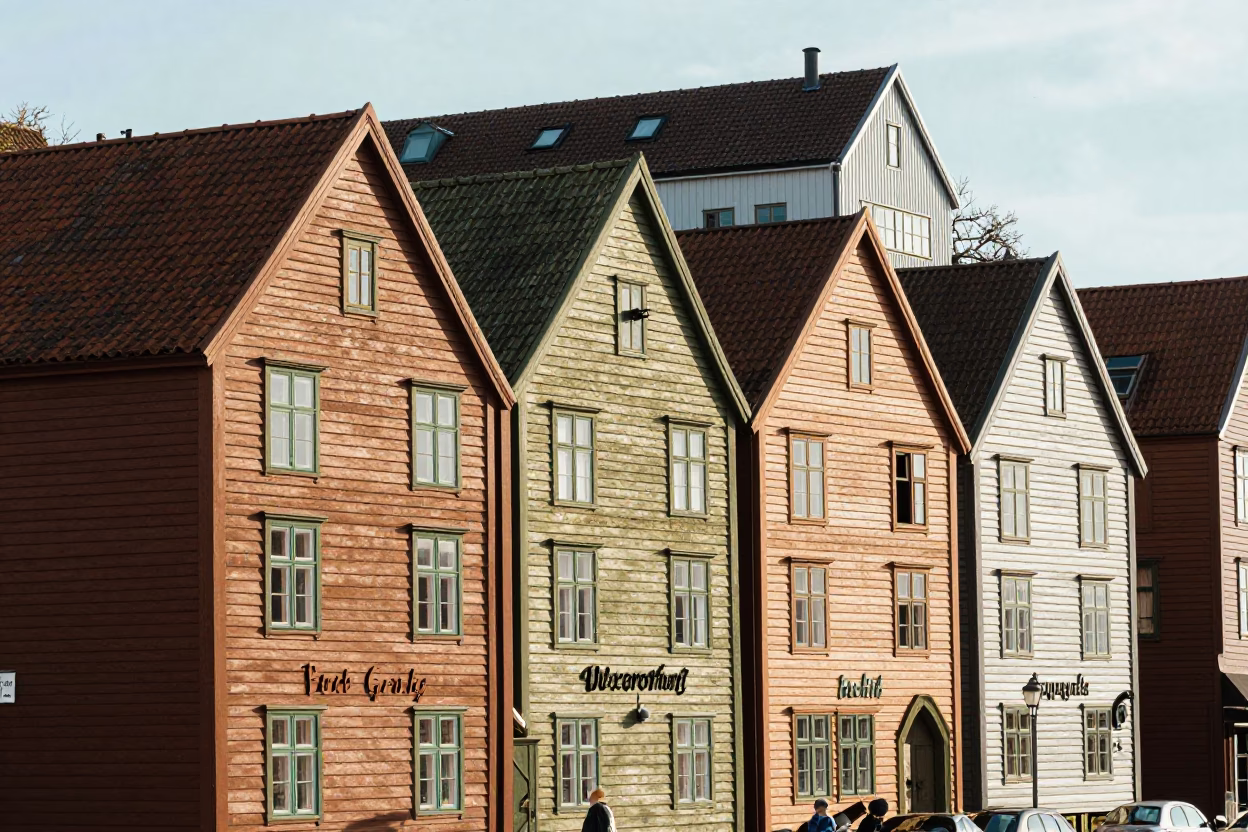 Flat Noon Light on Bryggen Wharf Wooden Facades in Bergen Norway in in Bergen, Norway