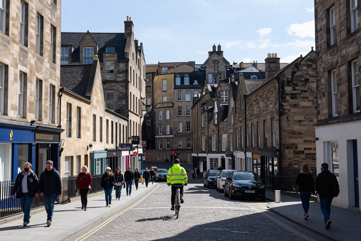 Flat Noon Light on Cyclist in Edinburgh in in Edinburgh, United Kingdom