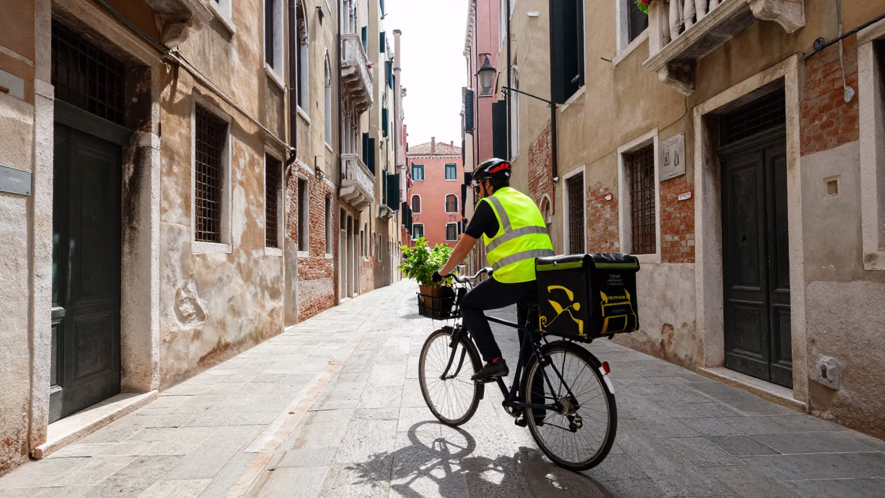 Flat Noon Light on Cyclist in Venice in in Venice, Italy