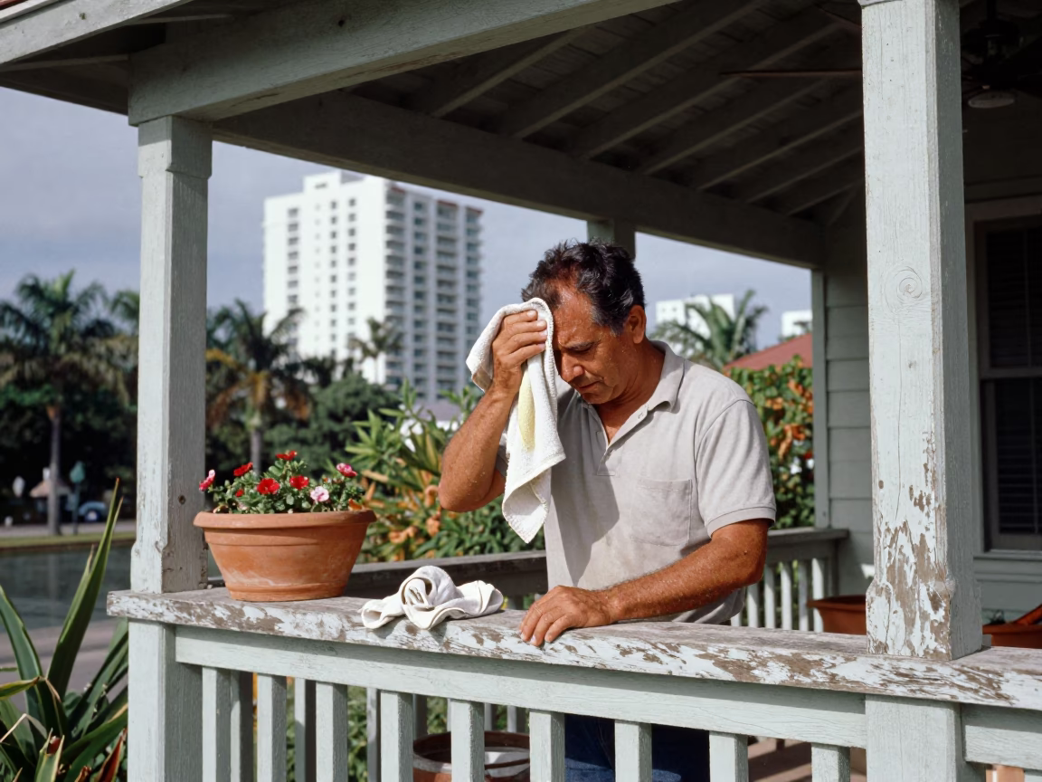 Flat Noon Light on Gardener in in Miami, Florida, United States
