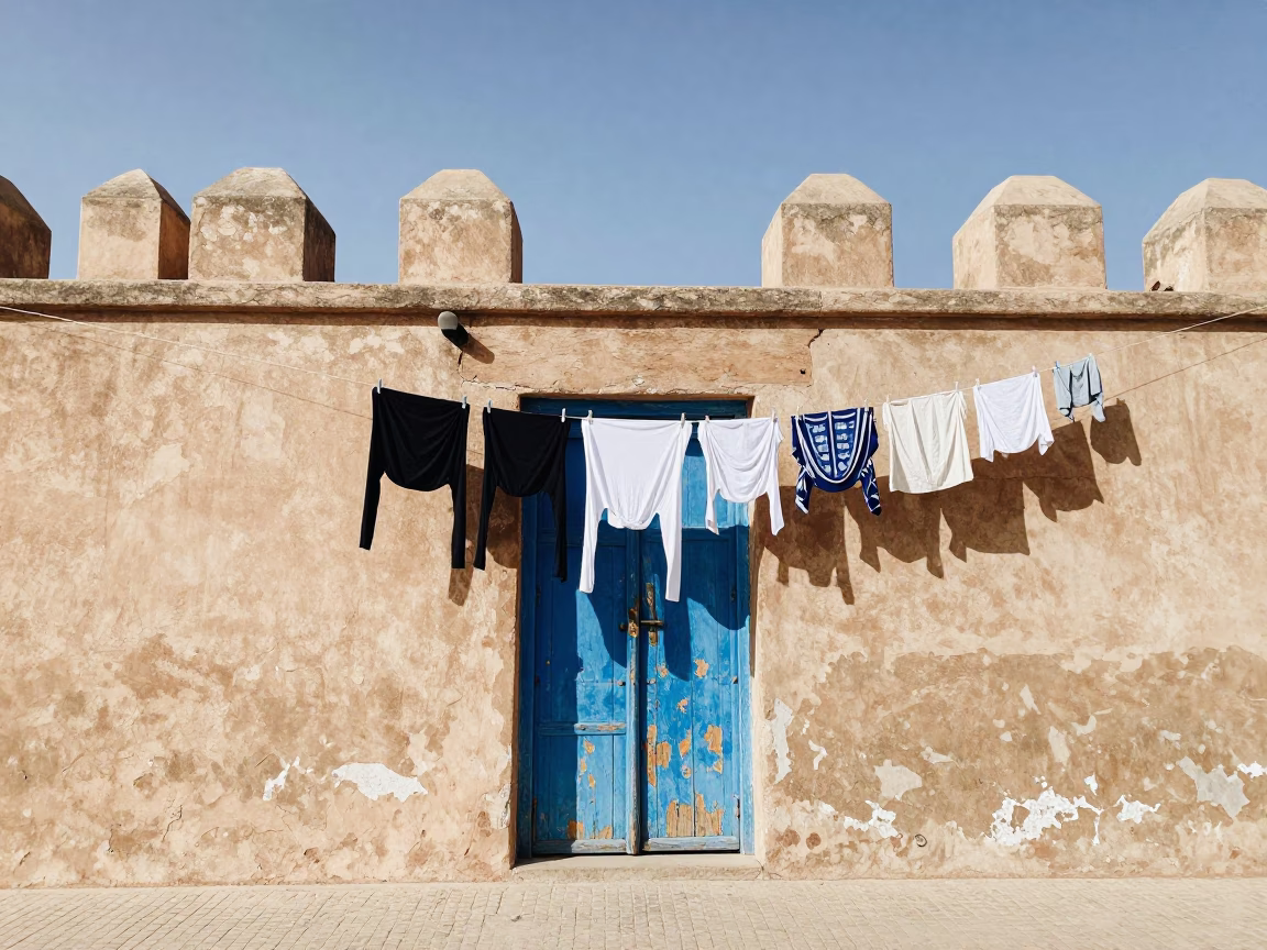 Flat Noon Light on Hanging Laundry in Essaouira in in Essaouira, Morocco