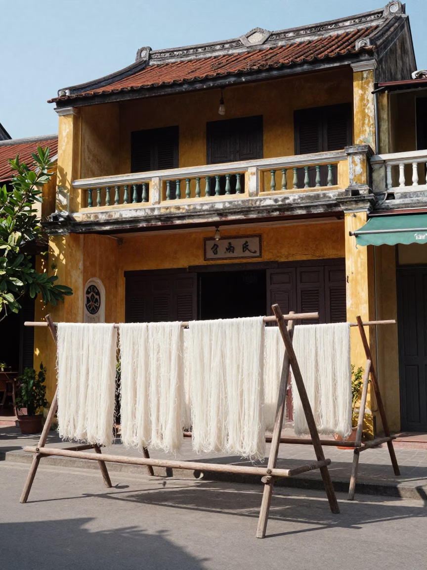 Flat Noon Light on Hoi An Drying Rack with Local Street Details in in Hoi An, Vietnam