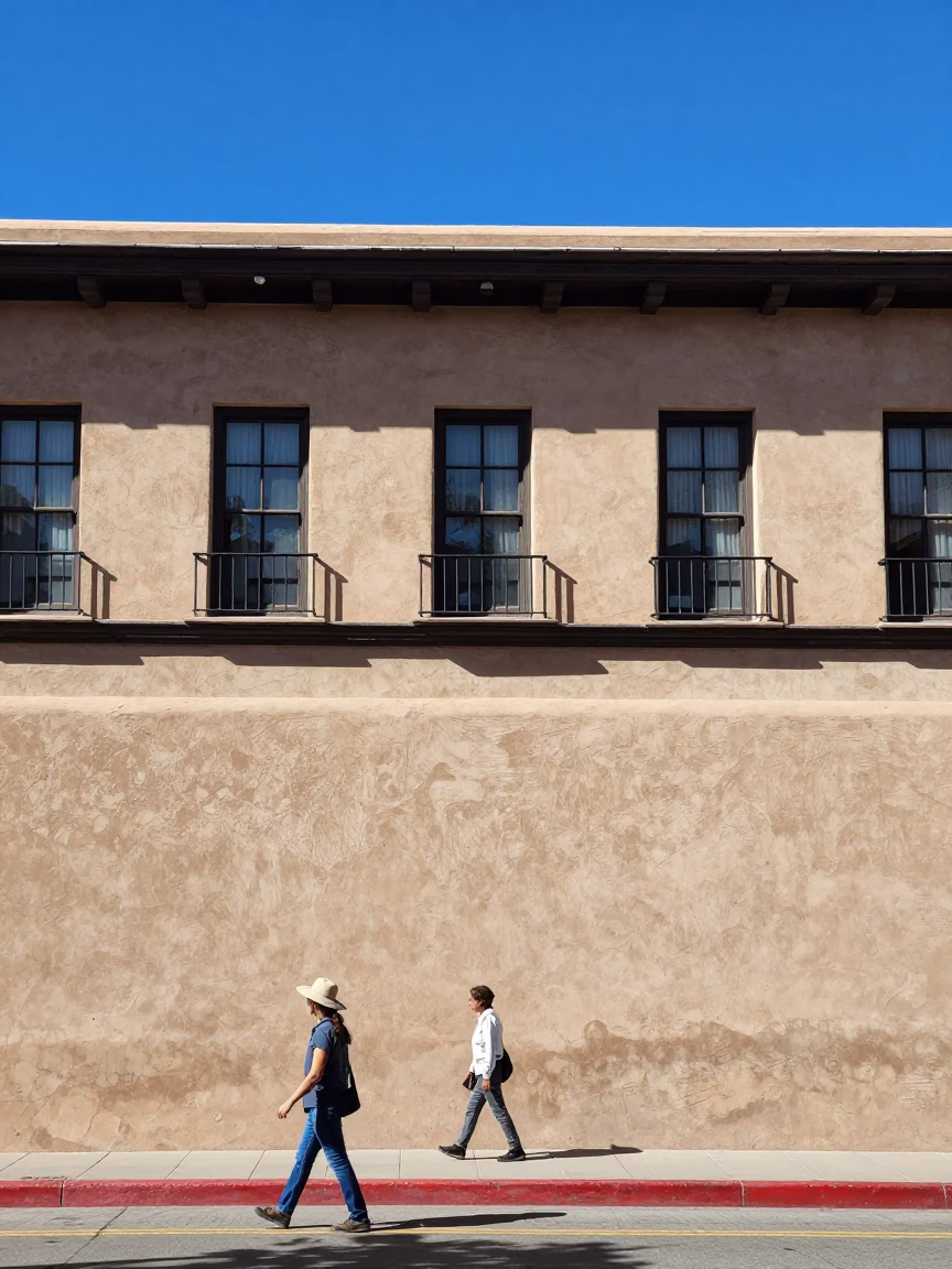 Flat Noon Light on Local Pedestrians in Santa Fe in in Santa Fe, New Mexico, United States