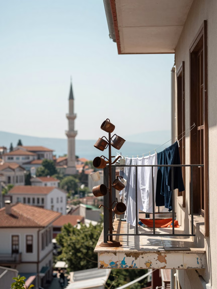 Flat Noon Light on Mugs in in Izmir, Turkey