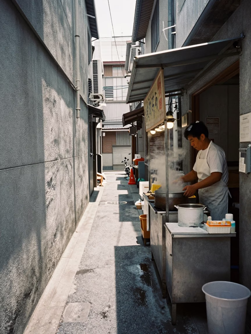Flat Noon Light on Narrow Alleyway in Osaka in in Osaka, Japan