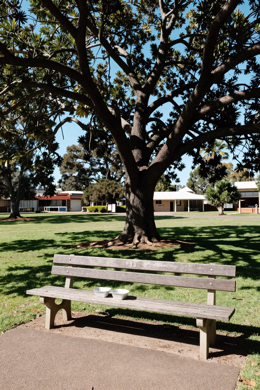 Flat Noon Light on Parklands Bench in Adelaide in in Adelaide, South Australia, Australia
