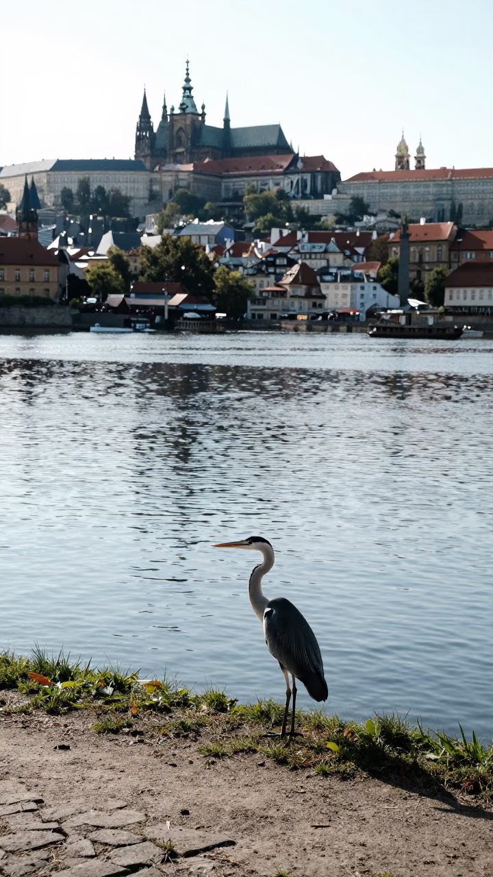 Flat Noon Light on Prague Riverbank with Heron and River Details in in Prague, Czech Republic