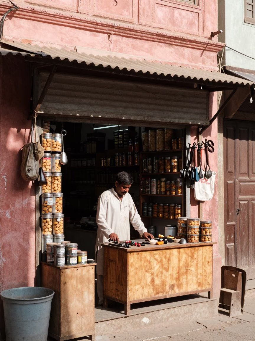 Flat Noon Light on Shopkeeper in in Jaipur, India