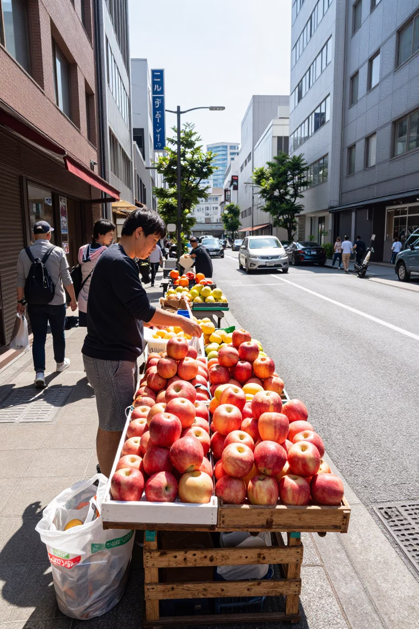 Flat noon light on Tokyo street scene with fruit vendor stall in in Tokyo, Japan