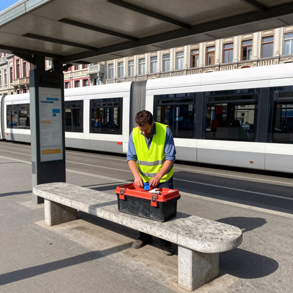 Flat Noon Light on Worker in in Brussels, Belgium